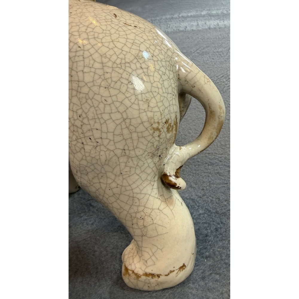 Vintage Ceramic Elephant Figurine Crackle Glaze Lucky Upturned Trunk Off-White - Picture 9 of 16